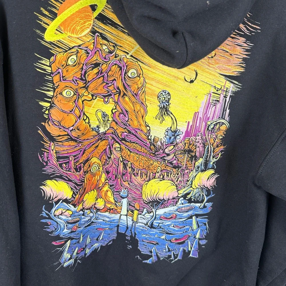 Rick and Morty Adult Swim Graphic Hoodie Black Trippy Back Print Mens Small